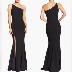 NWOT Dress the population Amy one shoulder crepe leg slit v black gown sz M